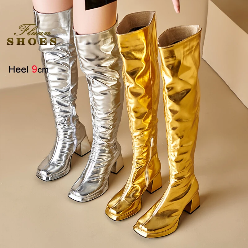 

Женские сапоги до бедра на блочном каблуке 9 см, осень-зима, женская обувь до бедра с квадратным носком, золотистая обувь выше колена для выступлений на сцене, Botas Mujer