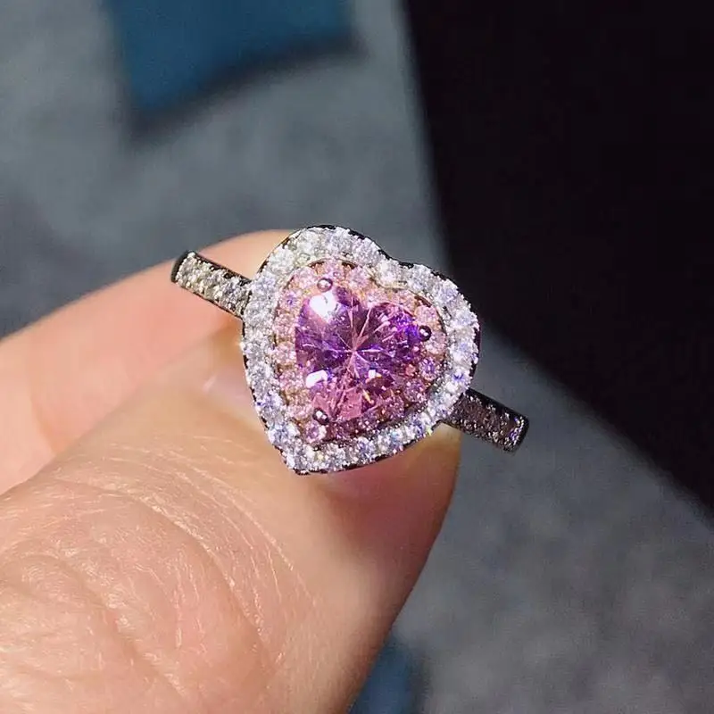 Hot Luxury Heart Shape Pink Silver Color Cute Fashion Promise Ring for Women Girl Party Wedding Gift Trendy Jewelry Size 6-11