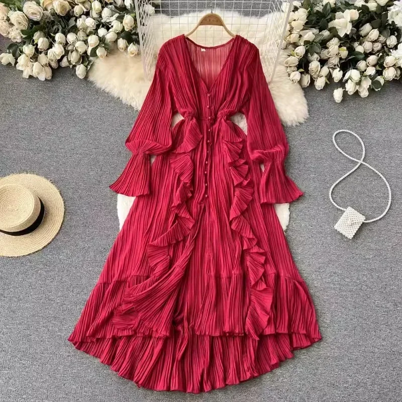 Irregular Ruffles Pleated Vestidos V-neck Long Sleeve Vestido Big Swing Women 2024 Dresses Tunic Dress Elegant Clothing