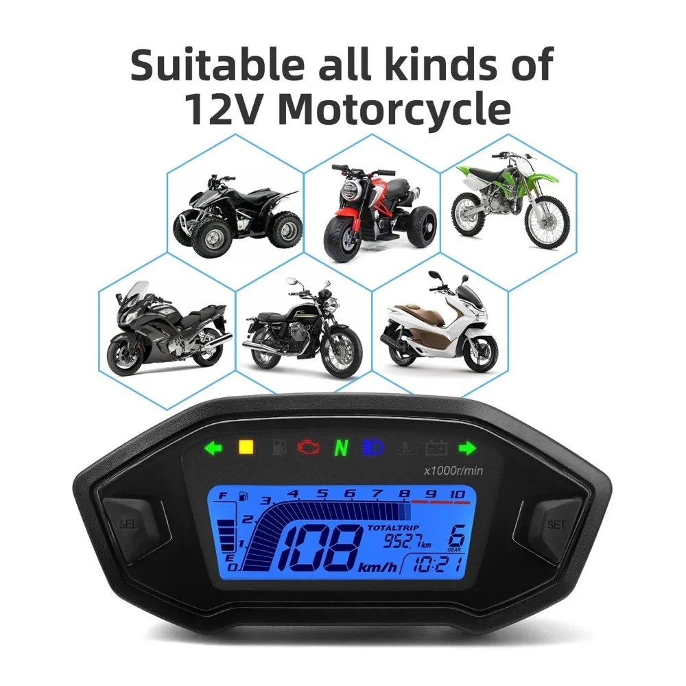 Motorcycle Speedometer Universal Moto Dashboard 7 Colors Backlight Adjust Fuel Gauge LCD Odometer Digital for 1 2 4 Cylinder