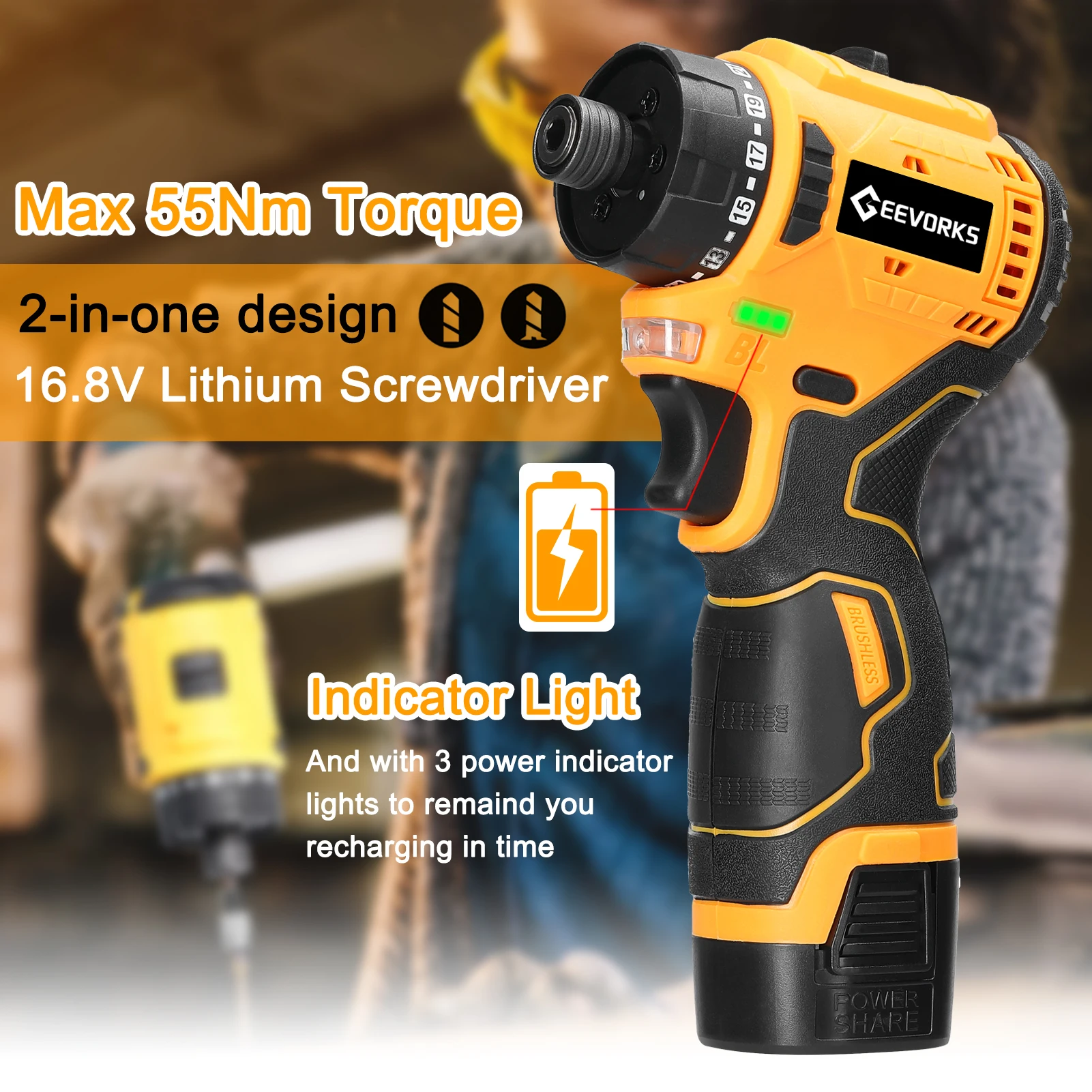 Brushless Li-ion Electric Screwdriver 55Nm Torque 16.8V Multifunctional Repairing Tool Kit Electric Screw Driver 2 Speed Control