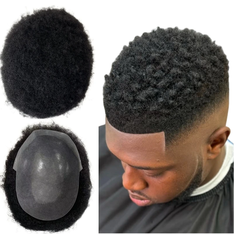 

4mm Afro Full PU Toupee Indian Virgin Human Hair Systems 1# Jet Black 8x10 Full Skin Toupee Skin Unit for Black Men