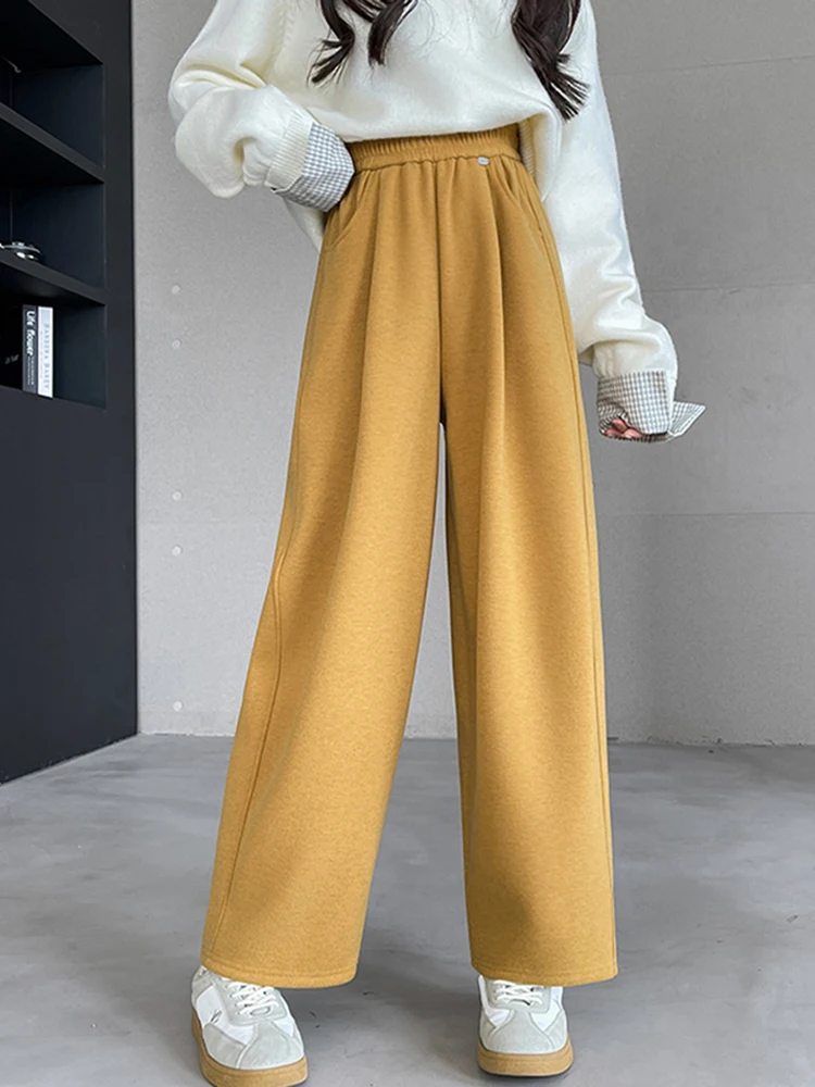 

Мягкие повседневные брюки с широкими штанинами на флисовой подкладке для женщин, зима 2026, осень, новинка, универсальные брюки-капри, маленькие размеры