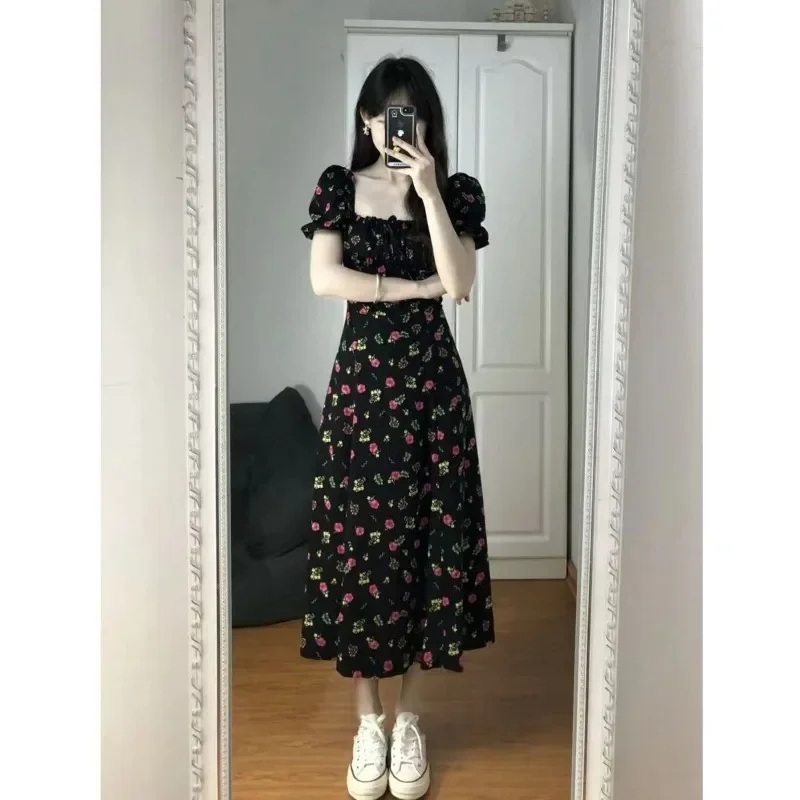 Summer Women Puff Sleeve Floral Dresses Elegant French Style Split Skirts Chic Square Collar Black Dress New Cottagecore Dresses