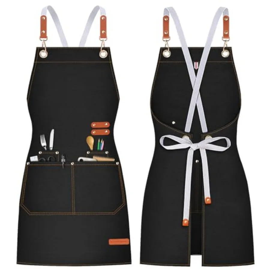 Teskyer Kitchen Cooking Apron with Pockets, Water Oil Resistant, Canvas Cross Back Aprons for Men Women Chef Server