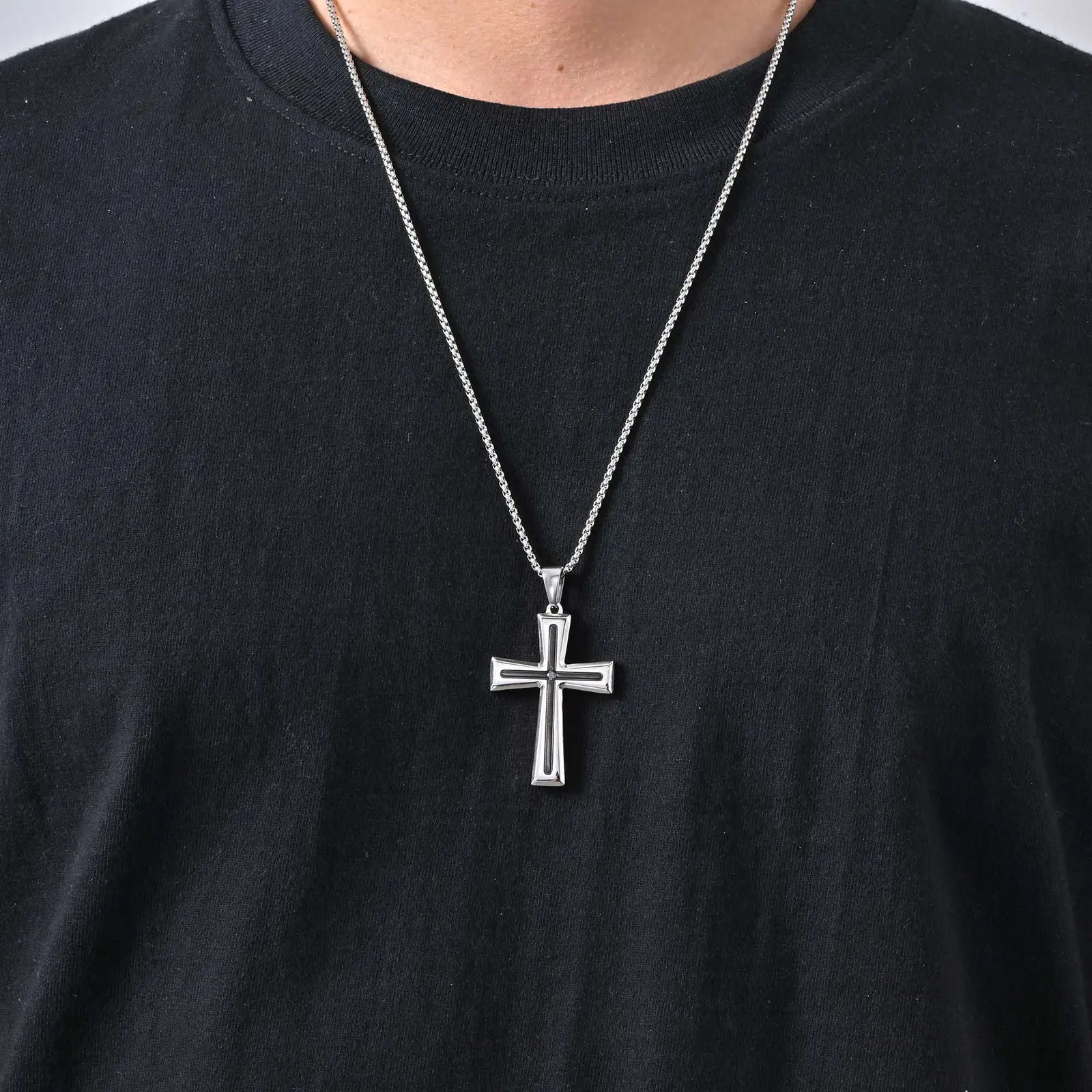 قلادة متقاطعة أساسية للرجال والأولاد، قلادة متقاطعة من الفولاذ المقاوم للصدأ مع سلسلة صندوق 50/55/60 سم، هدية الذكرى السنوية لعيد الميلاد #6