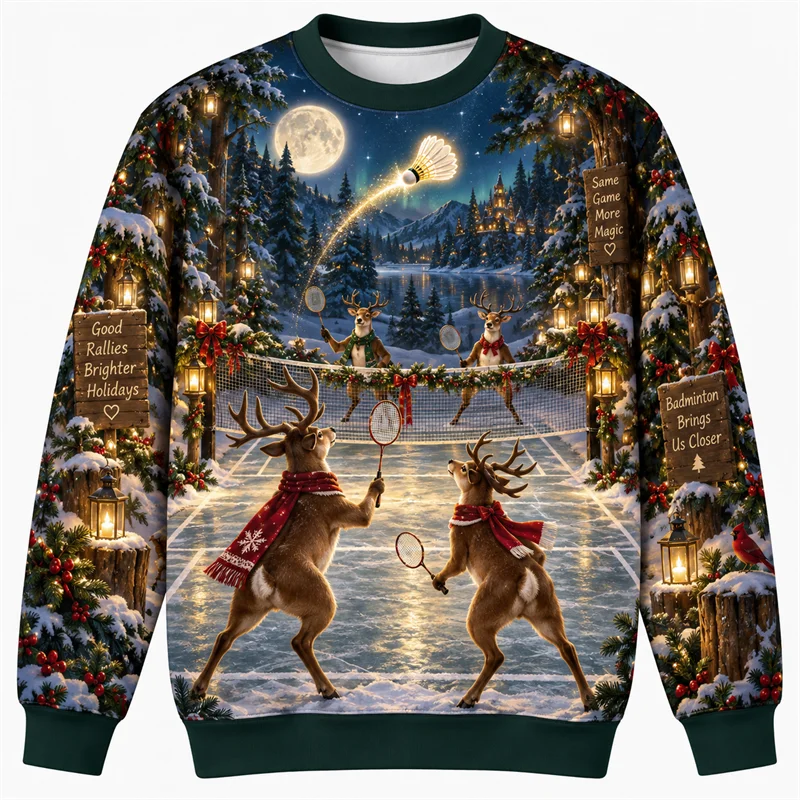 Christmas Badminton Sweatshirt Santa Reindeer Penguin Capybara Crewneck Xmas Pullover Holiday Sports Party Gift Streetwear Top