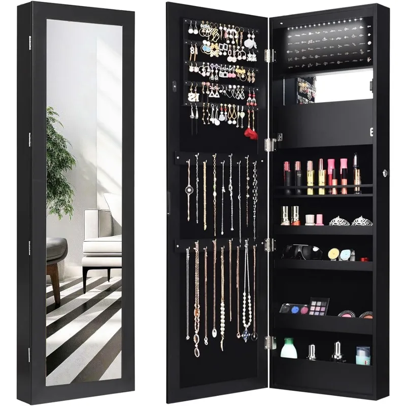 LED Jewelry Cabinet Wall Mounted Door Hanging, Lockable Jewelry Armoire with 47.2'' Full Length Mirror, Foldable Makeup Tray