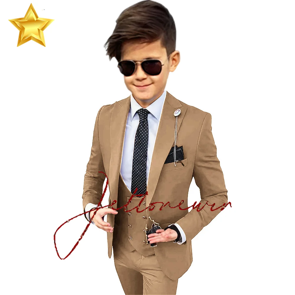 Formal Boy 3 Piece Wedding Suit Kids Tuxedo Slim Fit Business Suits Champagne Wedding Suit Costume Child (Blazer+Pants+Vest)