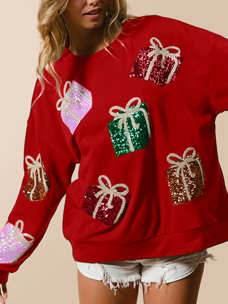 Women Glitter Christmas Sweatshirts Oversized Cute Sequin Graphic Shirts Long Sleeve Sparkly Xmas Pullover Black