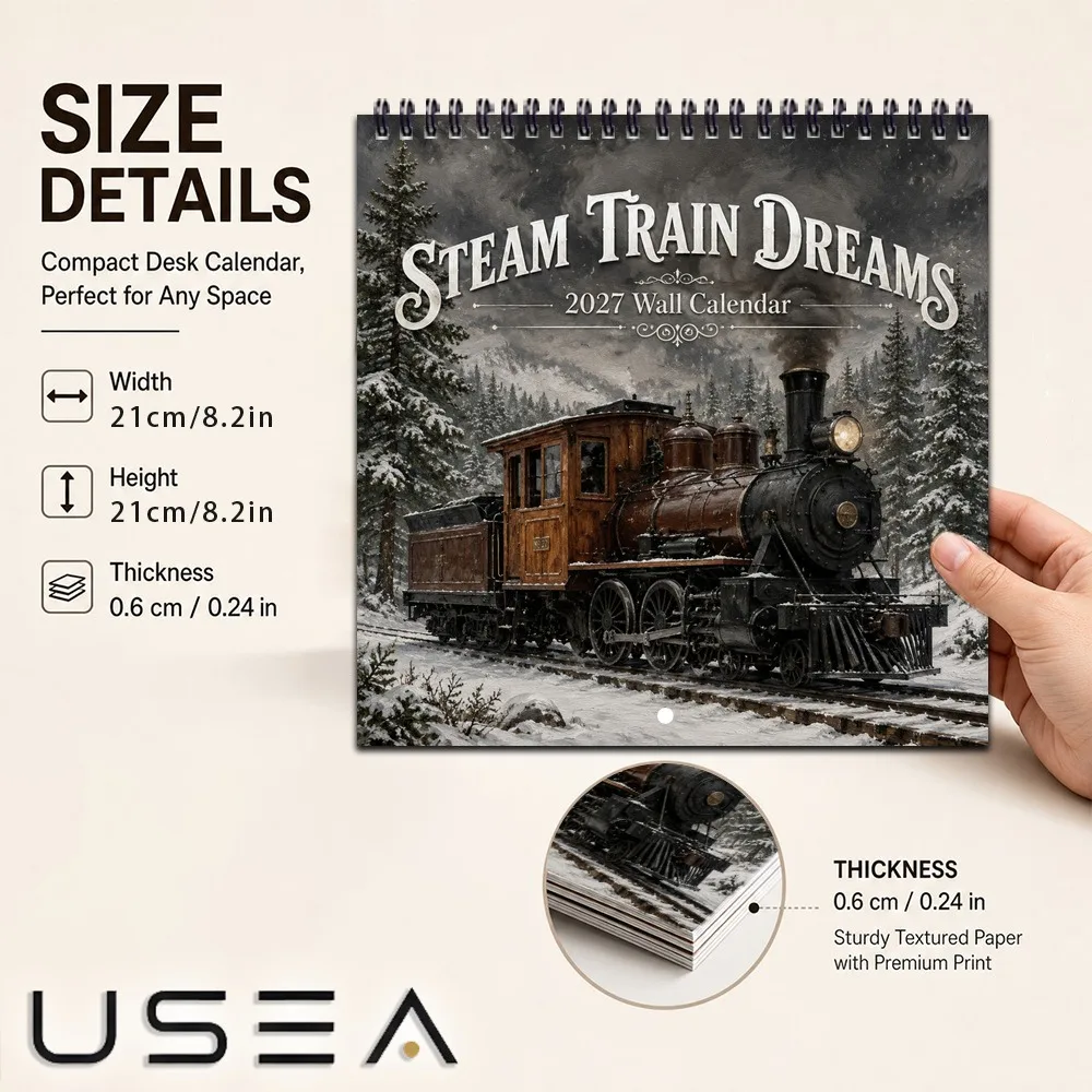 Steam Train Dreams 2027Wall Calendar,Twin Wire Spiral Binding,Square Hanging Wall Calendar,Christmas Seasonal Gift,Habit Tracker