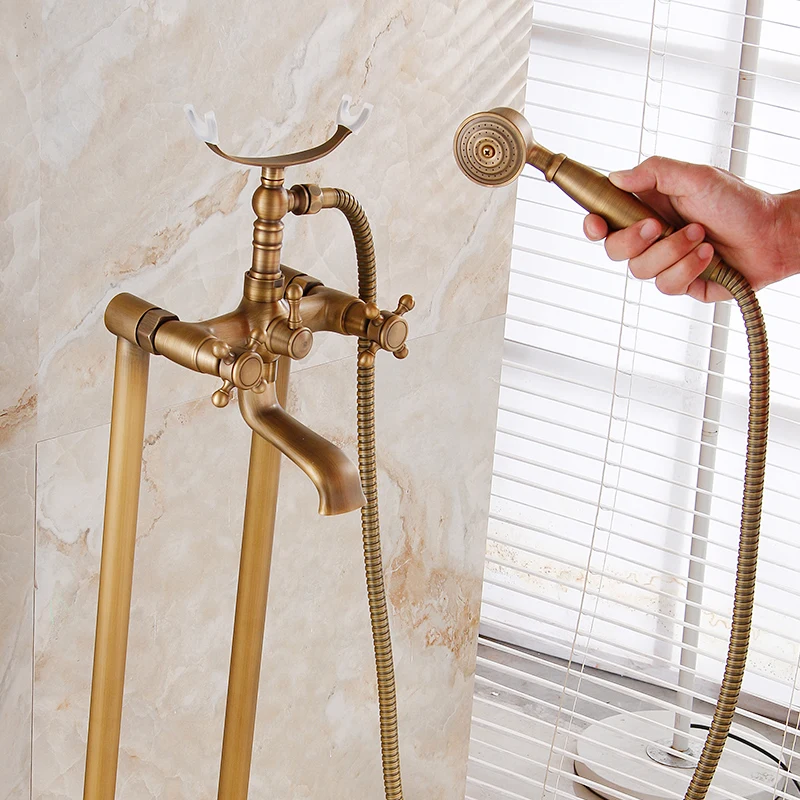 Antique Wall /Floor Mounted Bathtub Shower Faucet Dual Handles Free standing Swivel Spout Faucet Bathtub Hot Cold Mixer Tap 6050 image 3