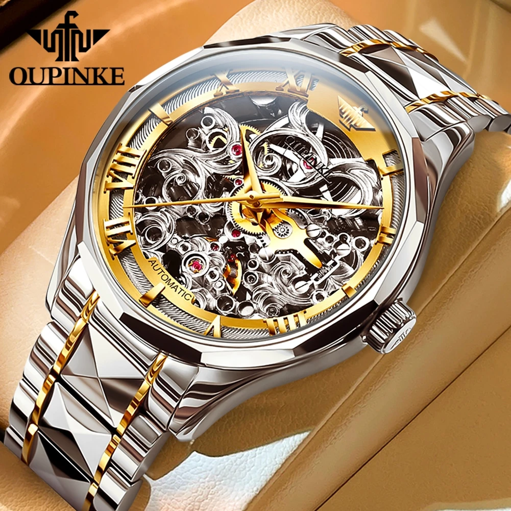 OUPINKE Luxury Swiss Brand Business Skeleton Mechanical Watch Tungsten Steel 50M Waterproof Luminous Gold Watches For Man 3168