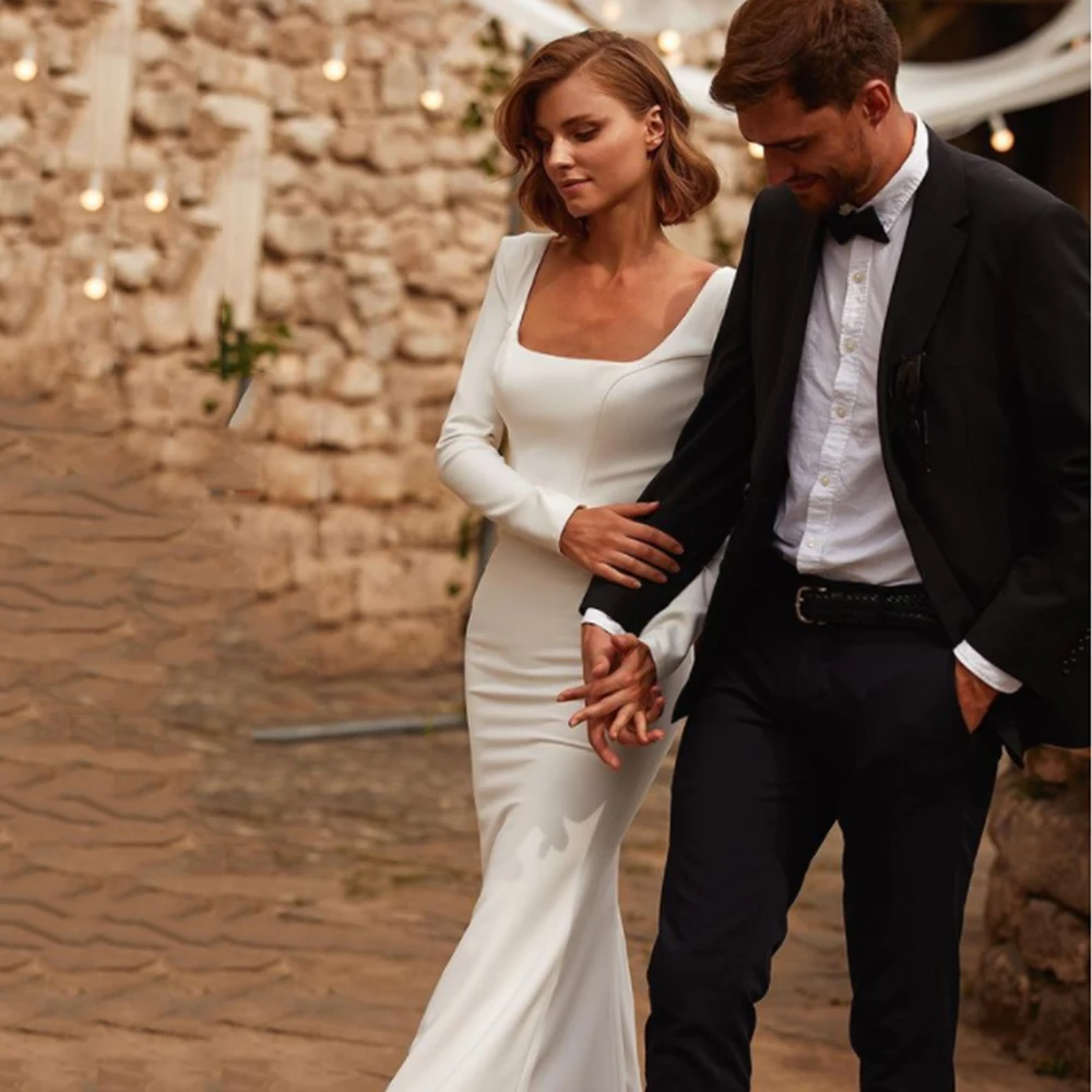 Vestido de novia elegante con escote cuadrado de sirena, manga larga, satén, en forma de U, espalda descubierta