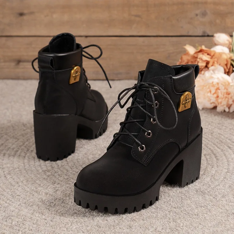 

2025 New Women Retro Round Toe Chunky Heels Ankle Boots Autumn New High Heels Shoes Woman Lace Up Platform Short Booties