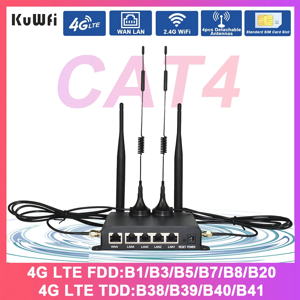 KuWFi CAT4 4G LTE Router 300Mbps 2.4GHz WiFi Router 4x Detachable Antennas 4G Modem with WAN LAN Ethernet Port AP Repeater Mode
