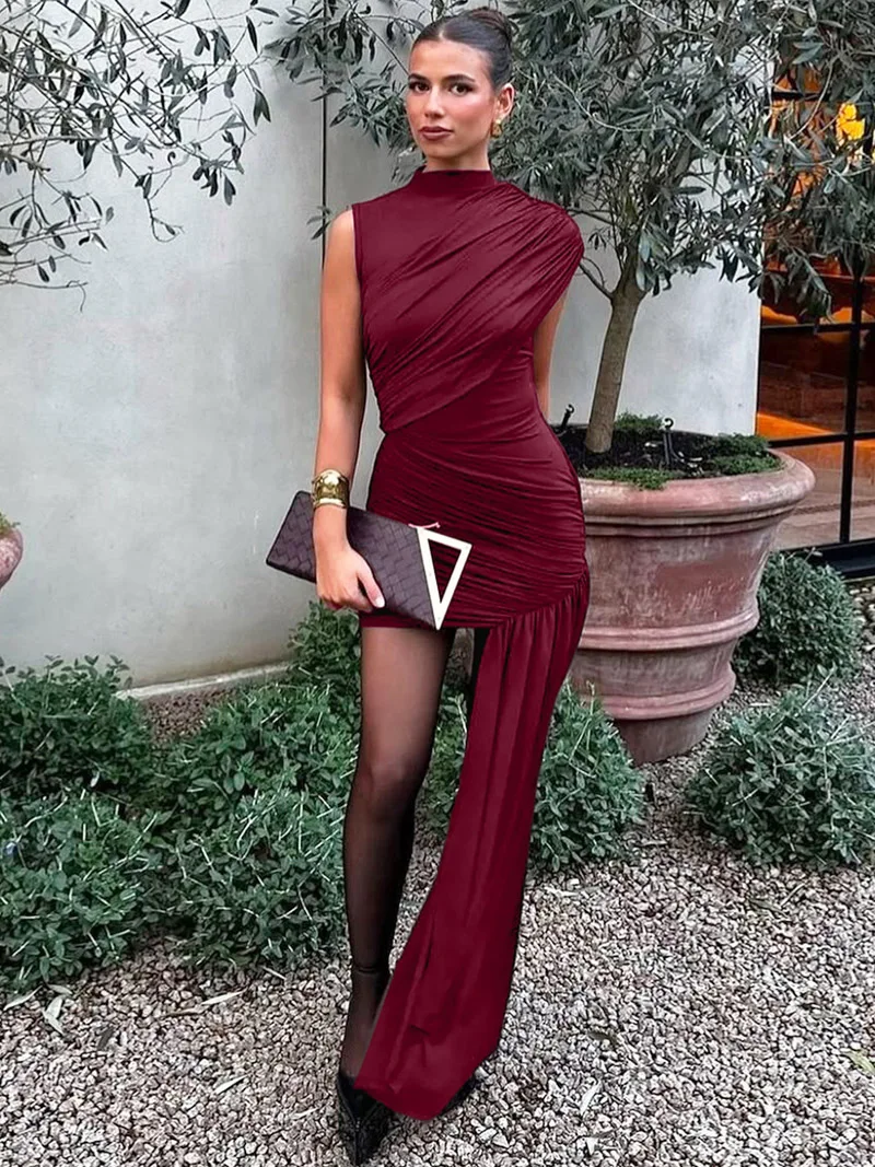Dgluke assimétrico ruched sexy bodycon vestido mulher alta pescoço sem mangas mini vestido drapeado plissado noite fora clube vestido de verão