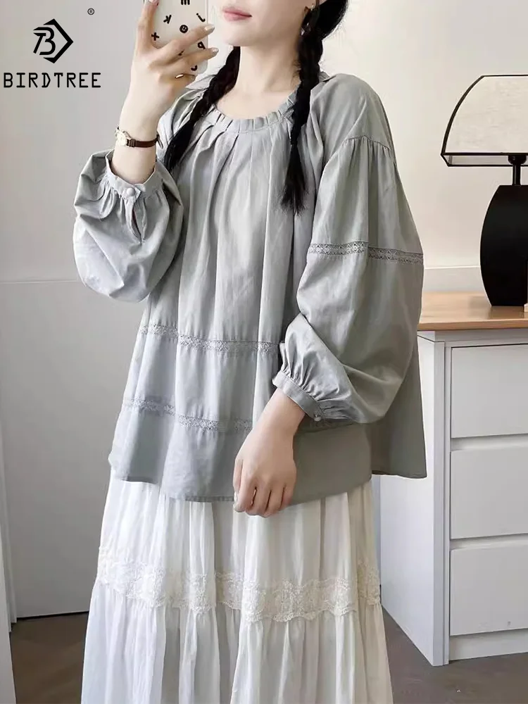 

New Summer Cotton Lantern Long Sleeve Shirt, Woman Folds Hollow Out Top, Mori Girl Sweet Loose Blouses, 2024 Autumn T47674QM