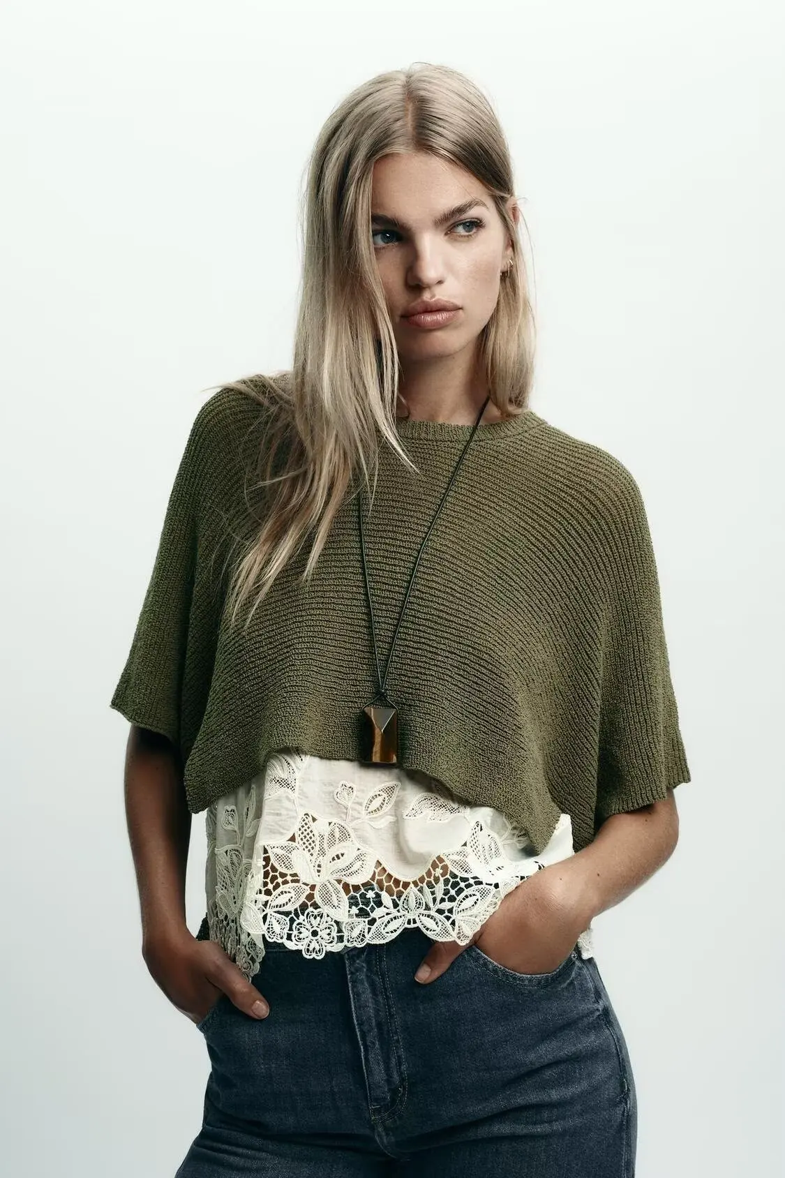 

BB6778 2025 Autumn New Women's Loose Casual Splicing Double layered Decorative Collar Short Sleeve Knitted Sweater 2756134