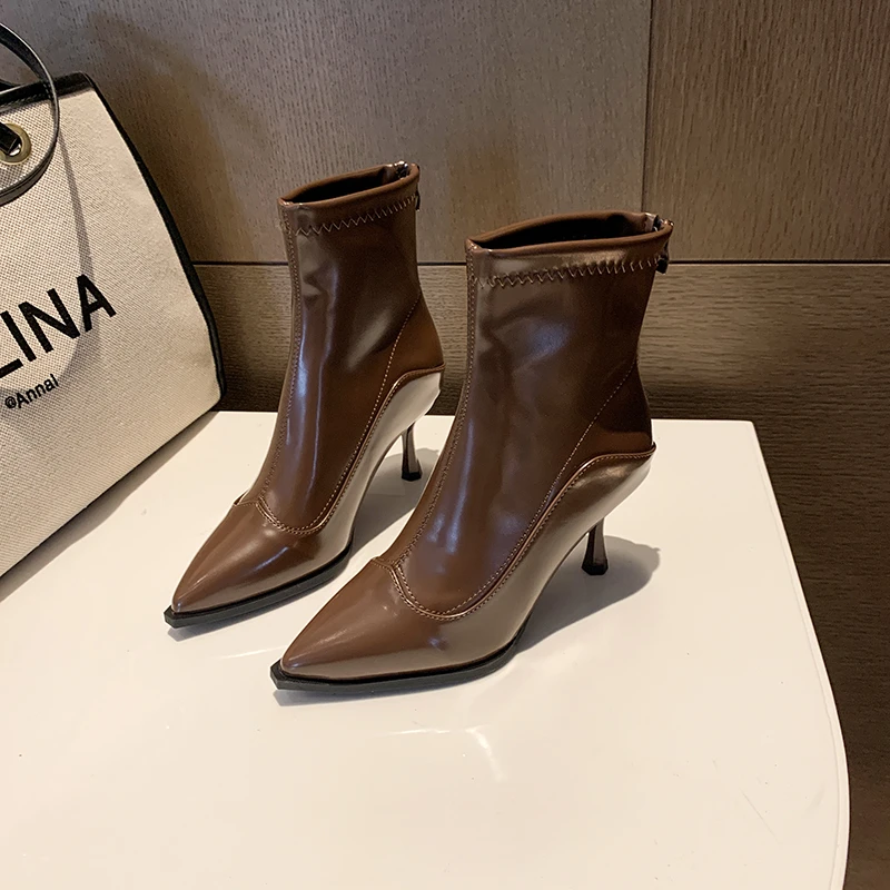 Botki damskie na szpilce, nowa kolekcja 2025, luksusowa marka, designerskie wysokie obcasy, wygodne, z PU, na grubej podeszwie, ciepłe botki Chelsea, rozmiary 35-40