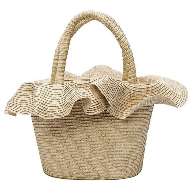 Ins Wind Lace Basket Straw Bag Seaside Holiday Handbag Female Summer Travel Braided Hat Bag