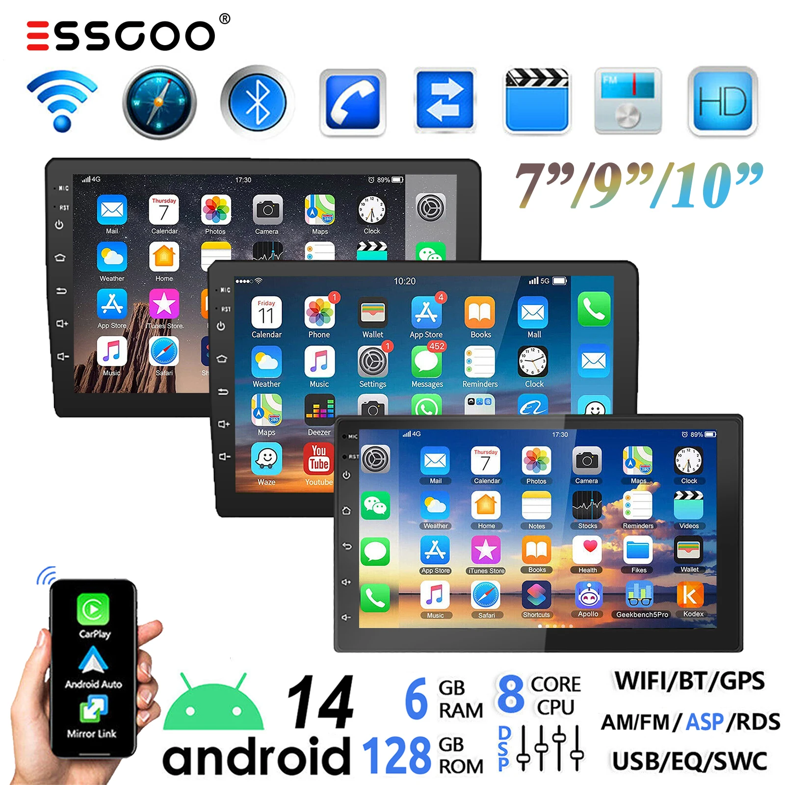 ESSGOO 7/9/10“ 2 DIN Android 14 8-Core 6+128G Autoradio Wireless Apple Carplay Android Auto Navigatore GPS Bluetooth AM FM RDS WIFI Touchscreen QLED 4G LTE USB Mirror Link Equalizzatore Controllo al