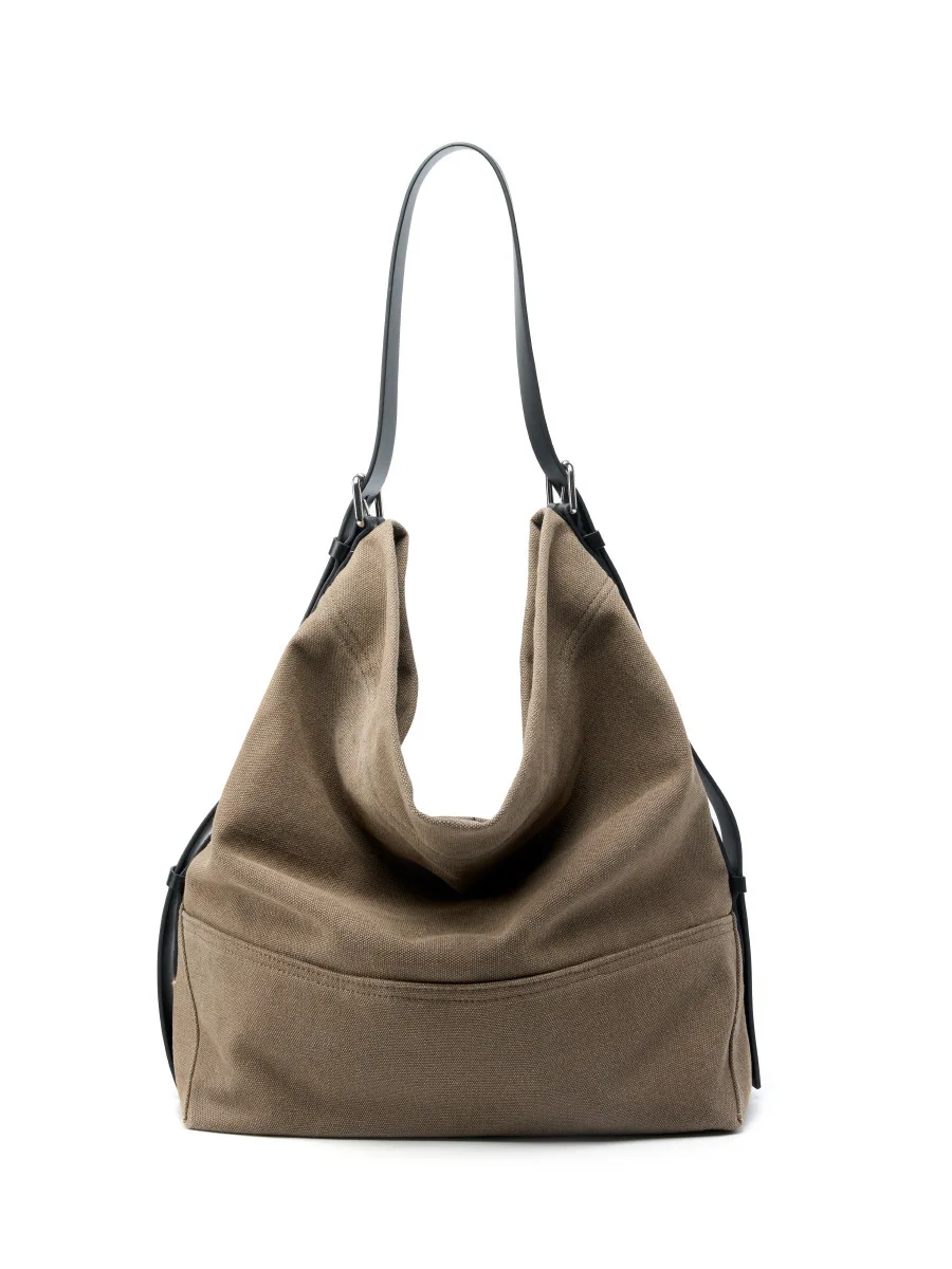 Vintage Leather Tote Bag Large Capacity Canvas Shoulder Bag Commuter Artistic Underarm Soft Bucket Bag Chinese Origin