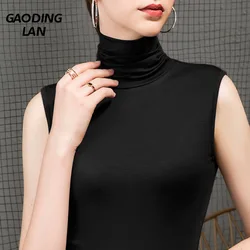 Summer Women Turtleneck Sleeveless Solid Color T-shirts Skinny Slim Fit Grace Tops Female Large Size Modal Sexy Bottom Tee Shirt