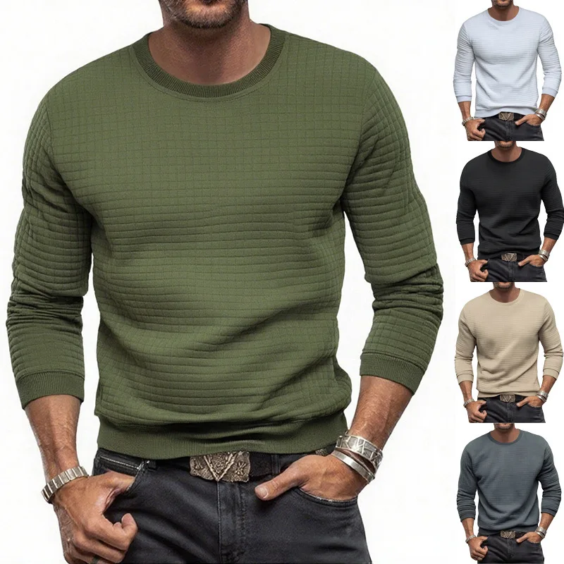 

New Autumn and Winter Fitted Solid Color Round-neck Long-sleeved Small Checkered Casual and Versatile Base Sweatshirt for Men