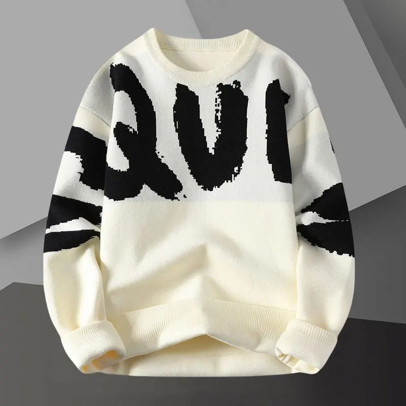 

Letter Contrast Printing Sweater Pullover Crew Neck Men Sweter Korean Sweater Designer Fashion Knit Pullover Sweater Noel Kazak