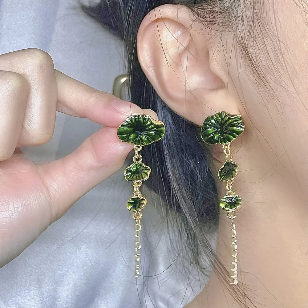 Green Lotus Leaf Earrings for Girls, Cute Flower Floral Petal Dangle Earrings, Stylish Flower Jewelry Gifts Funny Earrings