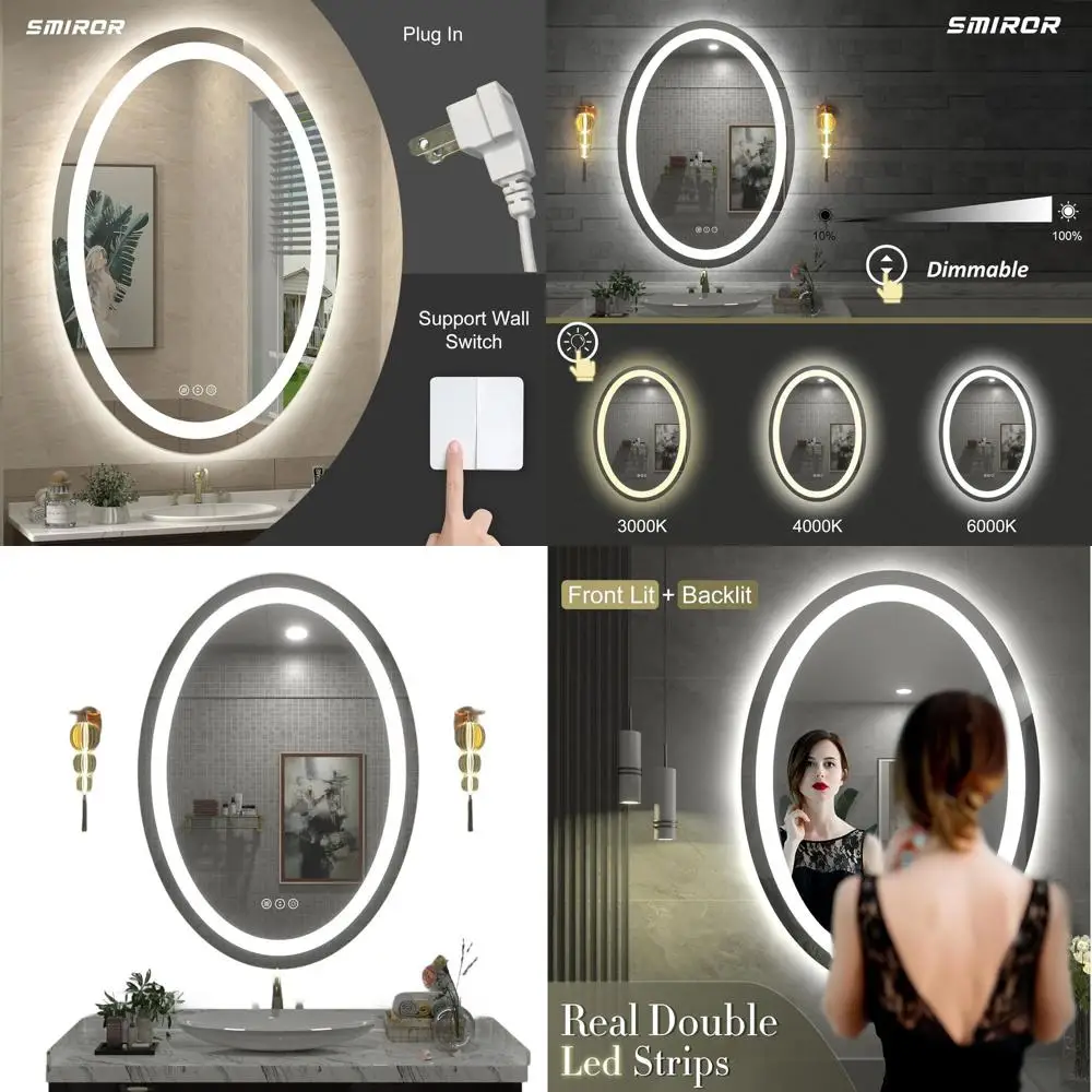 

Зеркало для ванной с LED-подсветкой 24x36, настенное зеркало для туалетного столика с функцией антизапотевания, ударопрочное, с регулировкой яркости, памятью настроек, 3 цвета передней подсветки