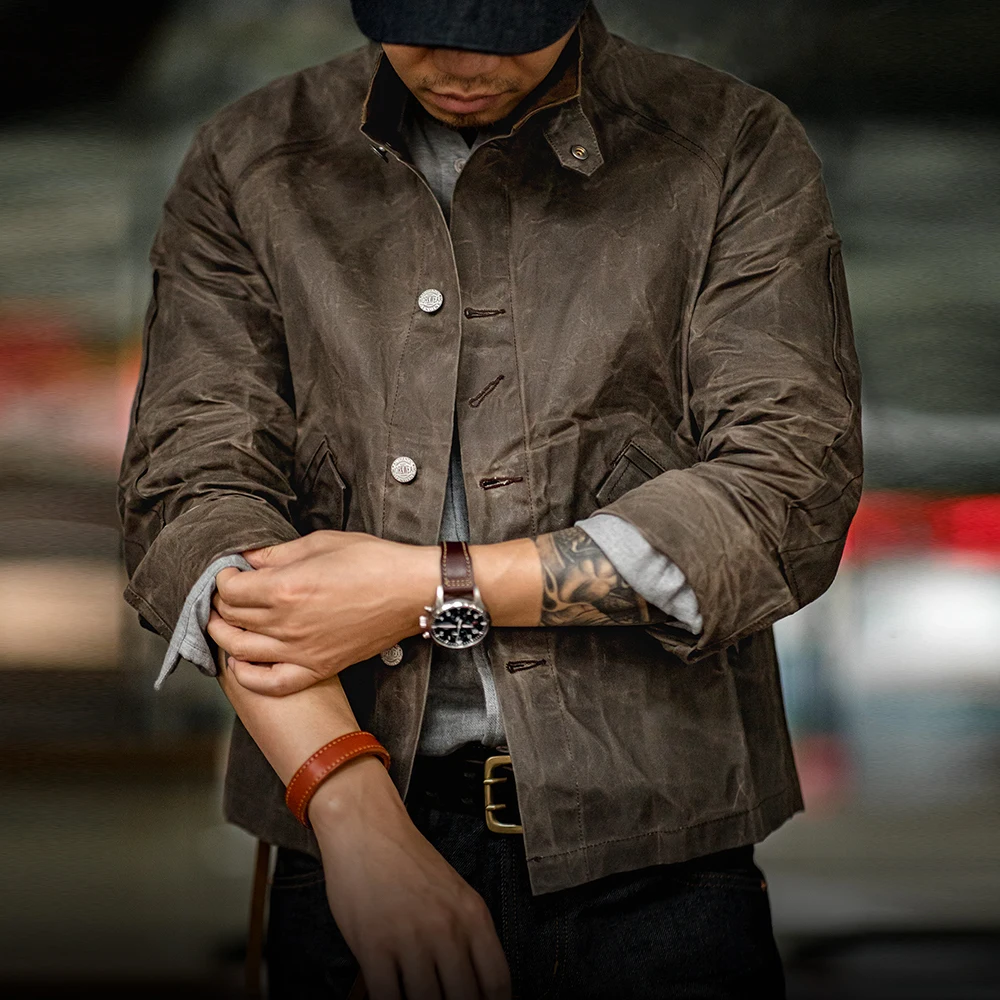 

Vintage Stand Collar Oil Waxed Jacket Version for Men's Waterproof Solid Color Classic Hunting Coat for Autumn