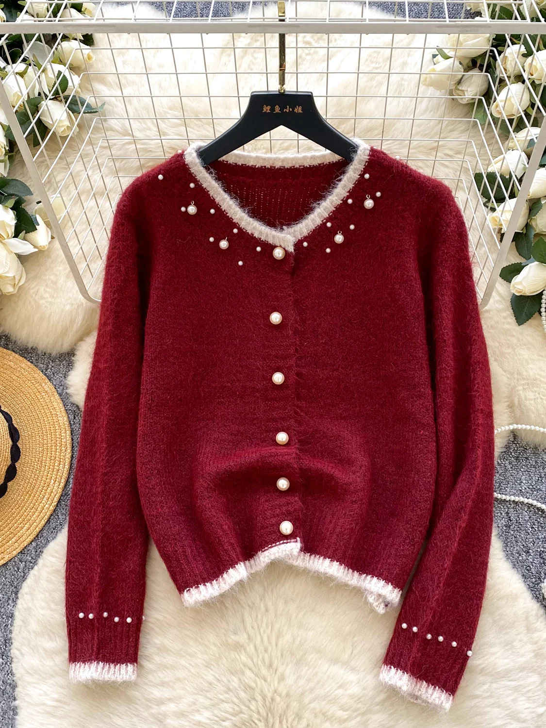 

Foamlina Women's Vintage Pearl Embellished V-Neck Knit Cardigan O Neck Long Sleeve Buttons Soft Knitted Jacket for Autumn Winter