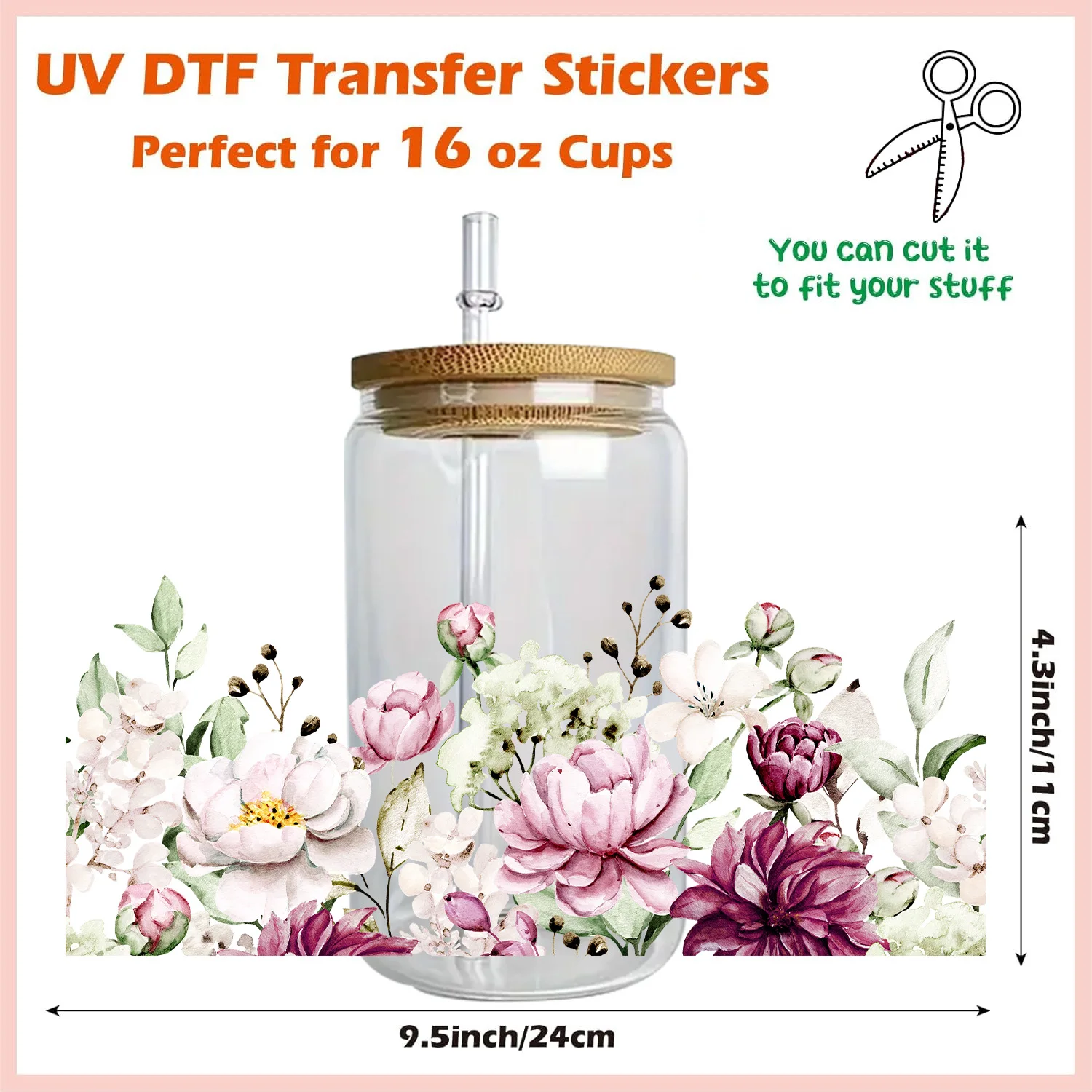 Flower decorations peel waterproof DIY Decals 3D transfers uvdtf crystal stickers 16oz uv dtf cup wraps for Libbey Glasses