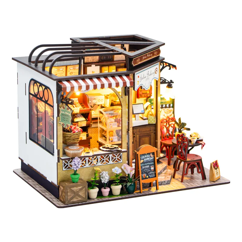 CUTEBEE 3D Wooden Puzzle Julia Bakery DIY Dollhouse Miniature Model Book Nook Kit with Furniture Lights for Home Decoration