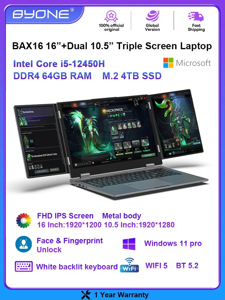 Portátil BYONE BAX16 con Pantalla Triple de 16” + Dos Pantallas de 10.5”, Intel Core I5-12450H, 64G RAM, 4TB SSD, Desbloqueo Facial y por Huella Dactilar, WIFI5