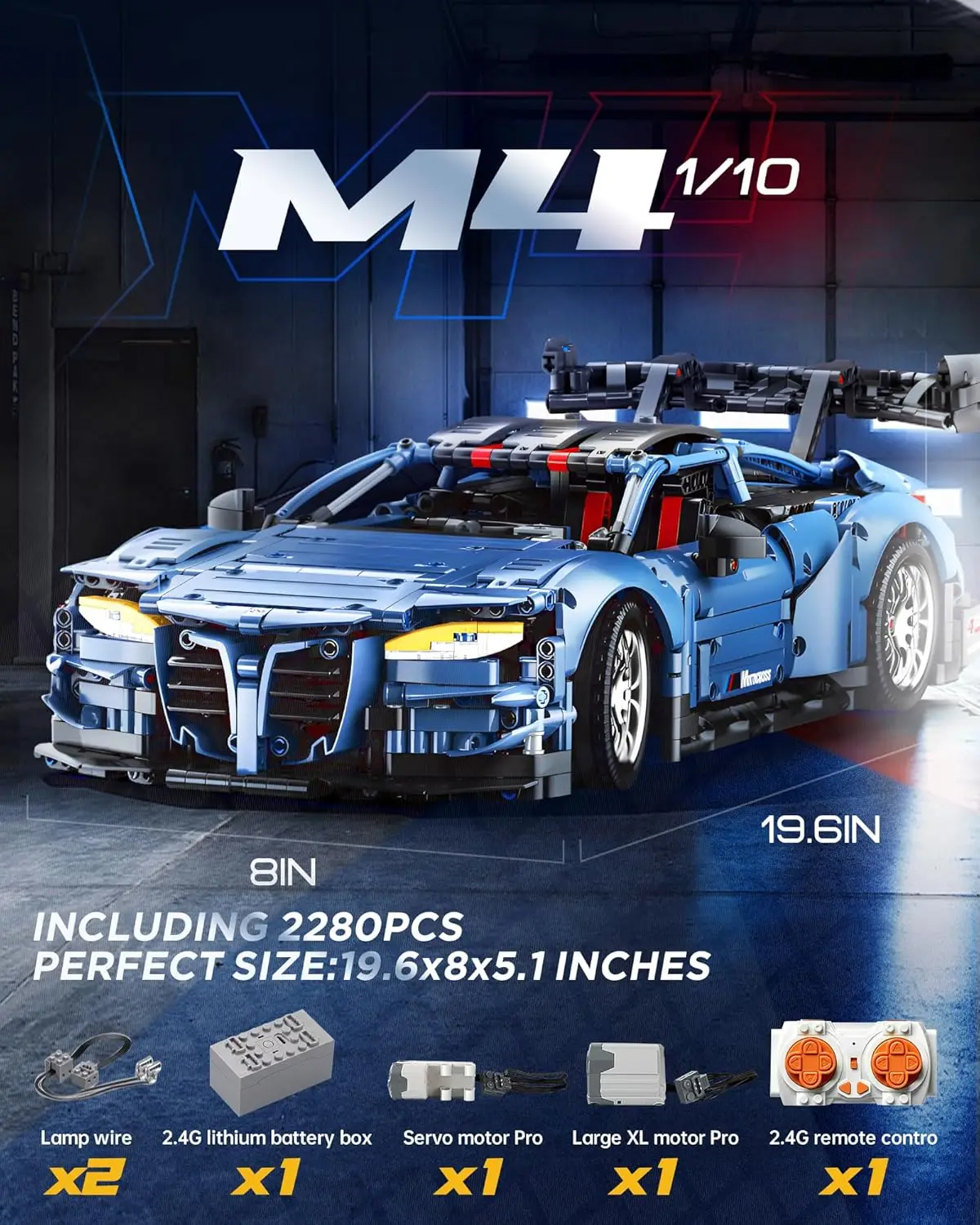 Building Kit for Remote Control Car, 1/10 Scale Supercar with Working Lights and Motors, Rechargeable Battery Included, Compatible with Technic Cars for Adults, STEM Gift for Boys Ages 6-14 (2280 Pieces)