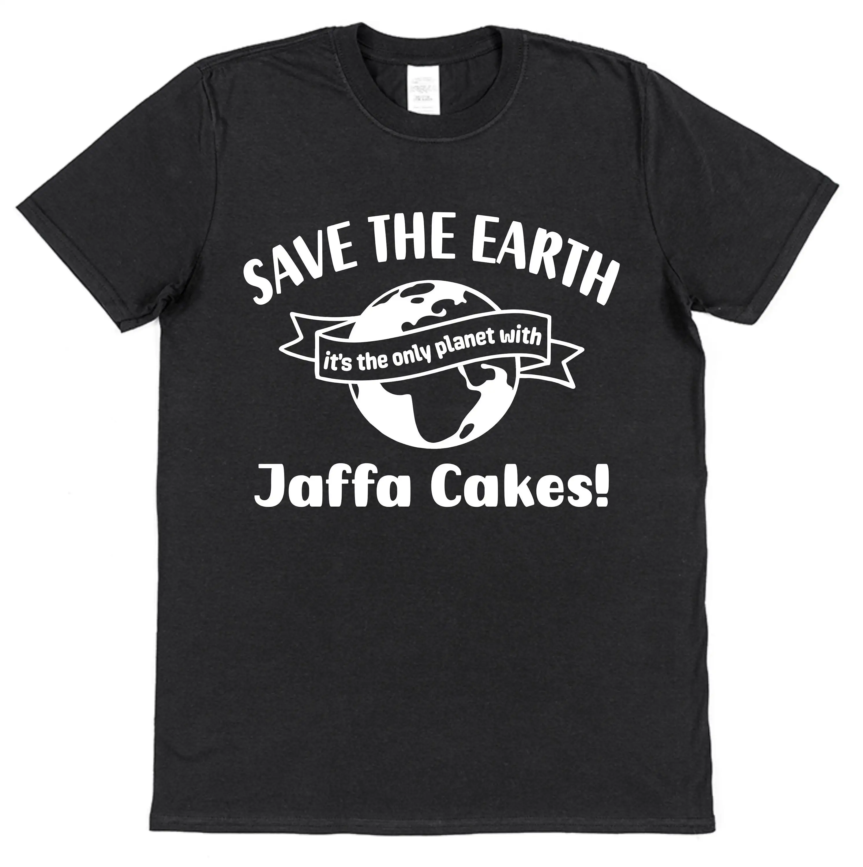 Jaffa Cakes T Shirt Save The Earth Slogan All Ages Funny British Food Chocolate Orange Retro Tea Time Foodie Idea UK