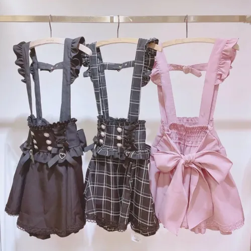 Imagen 2 del producto Falda a cuadros con tirantes cortos y cinta de Lolita gótica japonesa para niñas, minifaldas acampanadas de encaje dulce y bonito, color negro, kawaii, verano 2025