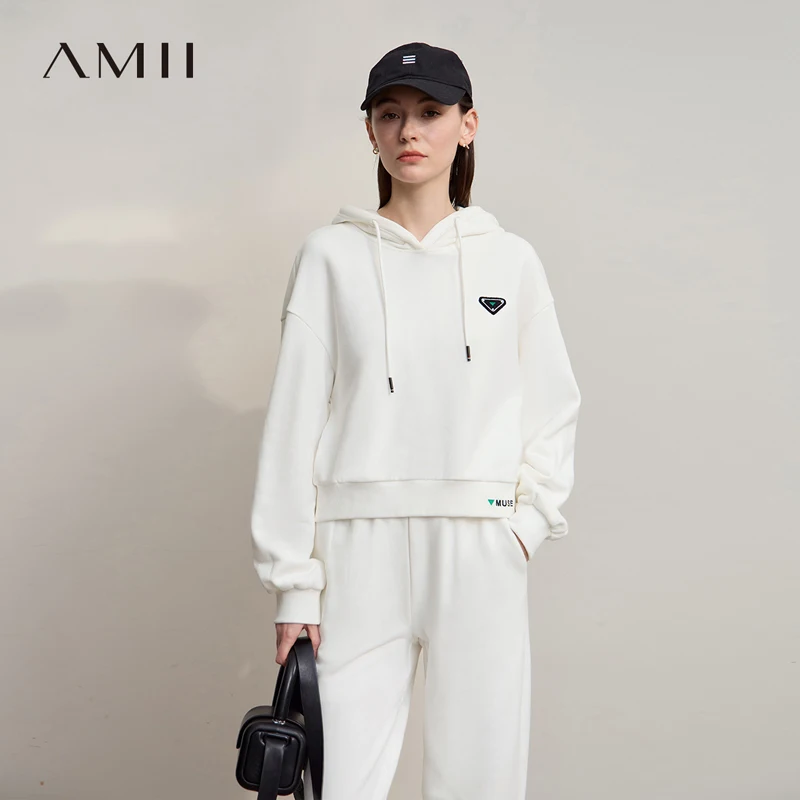 

AMII Hoodies Woman 2025 Autumn New Casual Hooded Long Sleeve Knitting Women's Sweatshirt Embroidery Female Loose Top 12523055