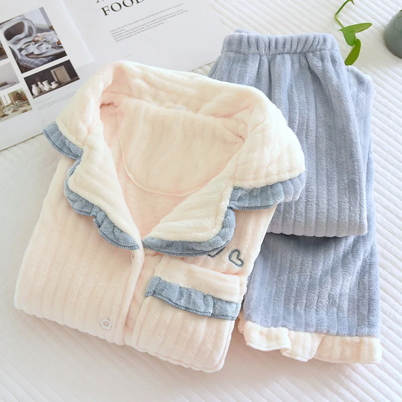 

Новая теплая зимняя ночная рубашка, фланелевая утепленная двухсекционная женская пижама для женщин, одежда для сна, домашняя одежда, пижамы