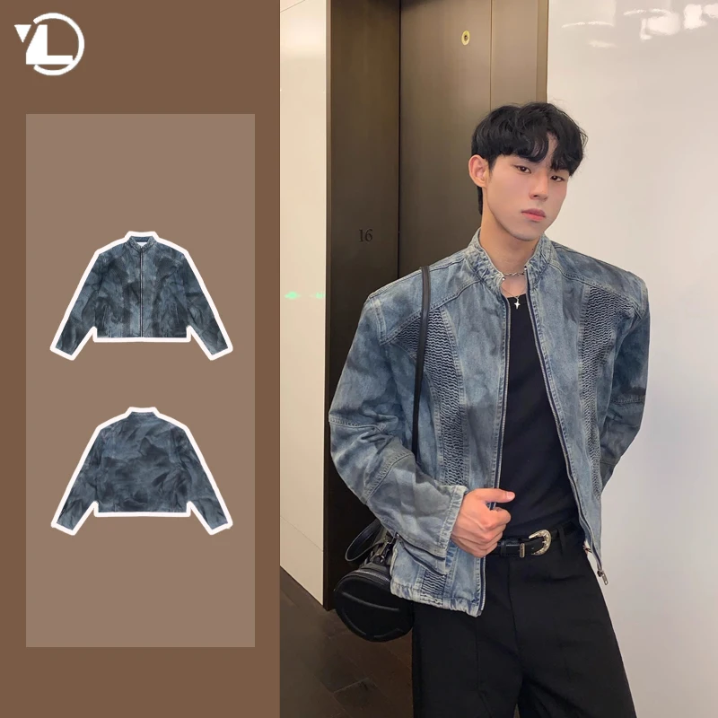 Hip Hop Mens Denim Jacket Spring 2025 Wrinkle Spray Paint Shoulder Pad Cowboy Coats Zipper Loose High Street Male Outwear New