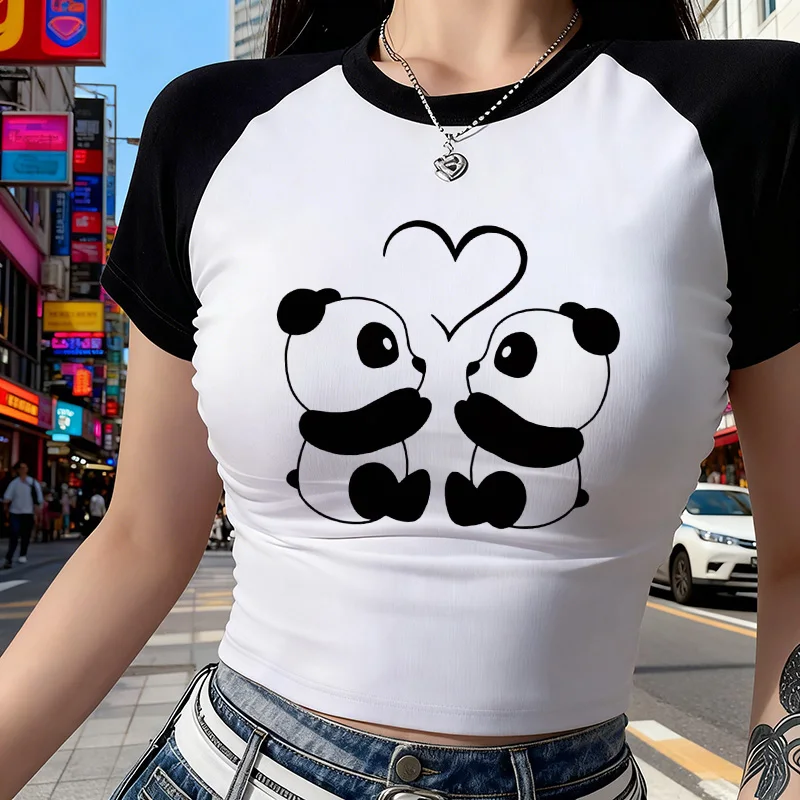 90s Graphic Tshirt for Woman Crew Neck Short Sleeve Cropped T Shirt Cute Panda and Heart Print Sexy Crop Tops Women's Clothes