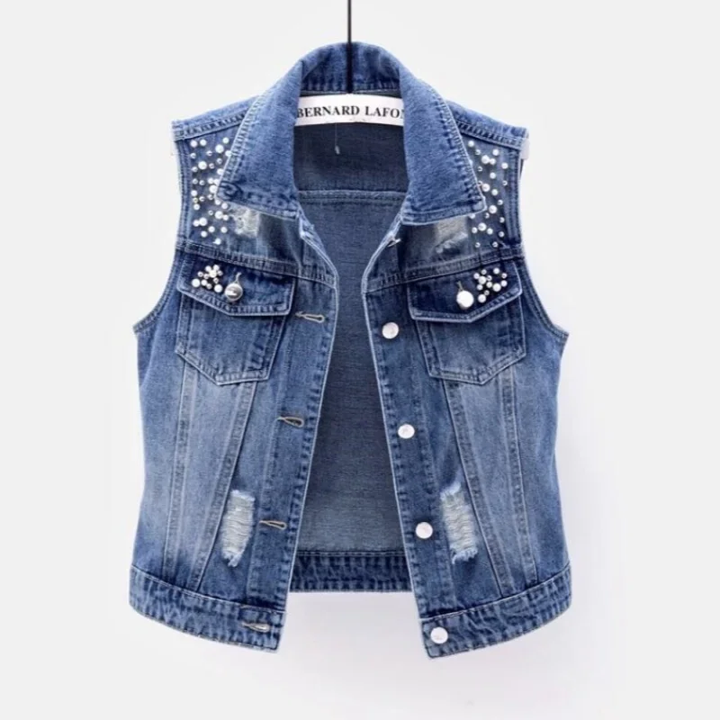 

2024 Bead Decor Jacket Ladies Vest Vintage Denim Vest Loose Fit Bead Decor Single-breasted Hop Streetwear for Ladies Fall/spring