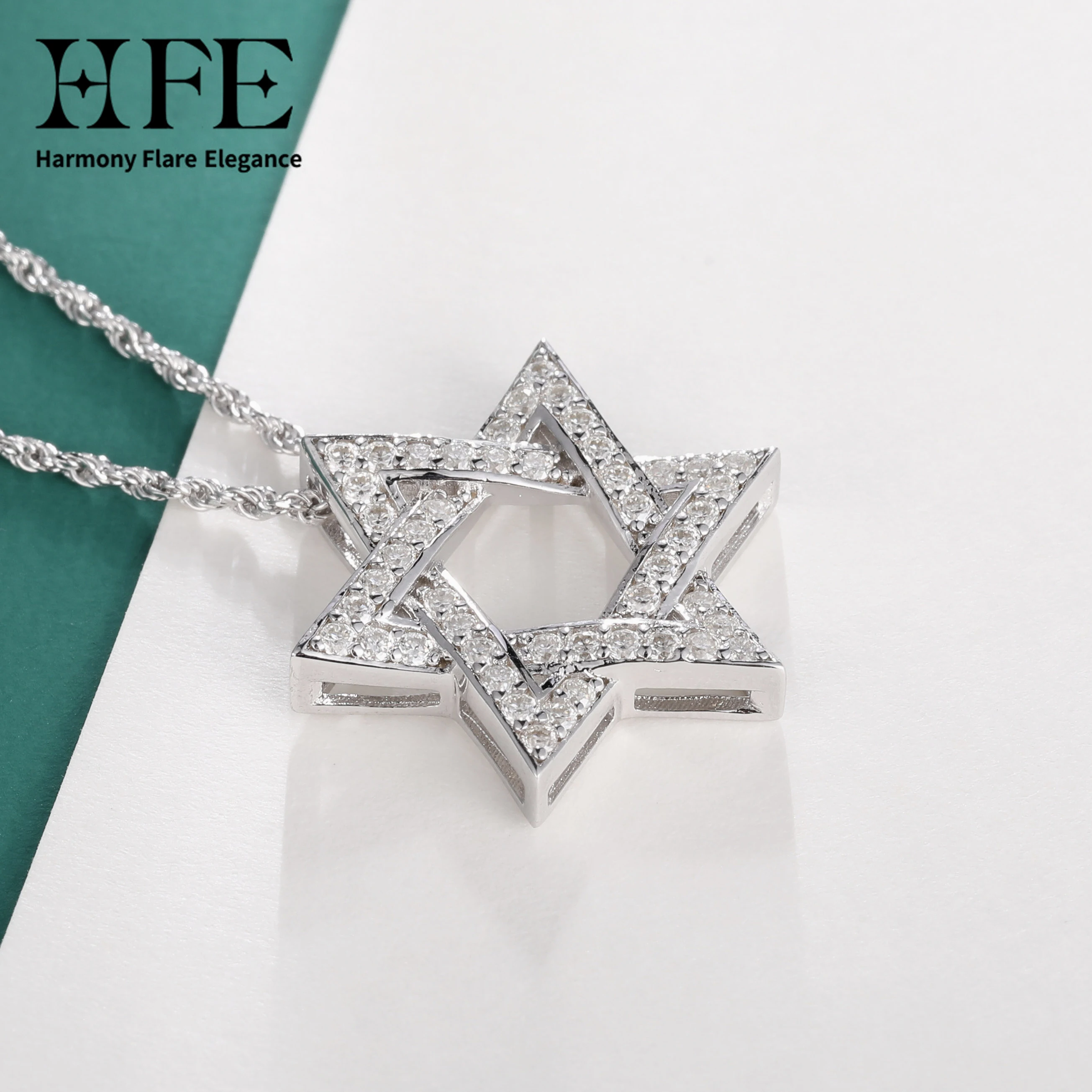 

HFE David Star Cross Moissanite Pendant Necklace 925 Pure Silver Twisted Rope Chain Adjustable Fashion Style Exquisite Jewelry