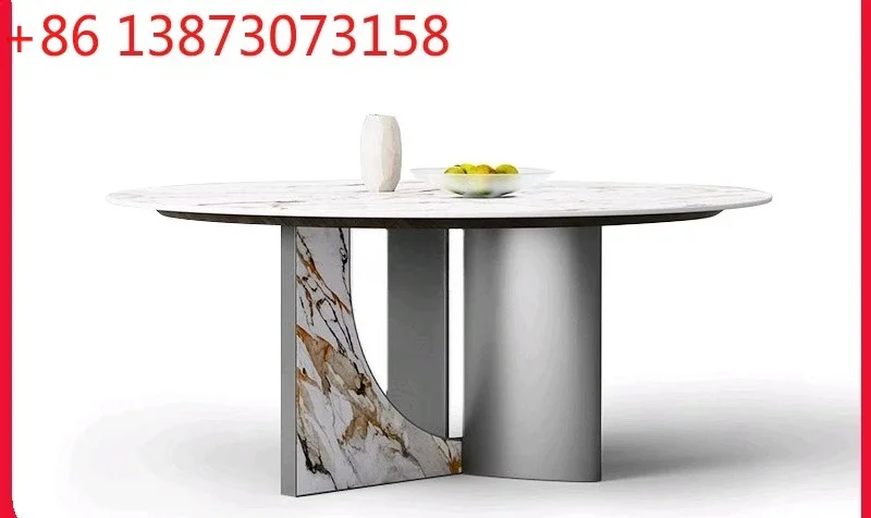 

Rock slab round table with turntable design New large flat high-end rock slab dining table
