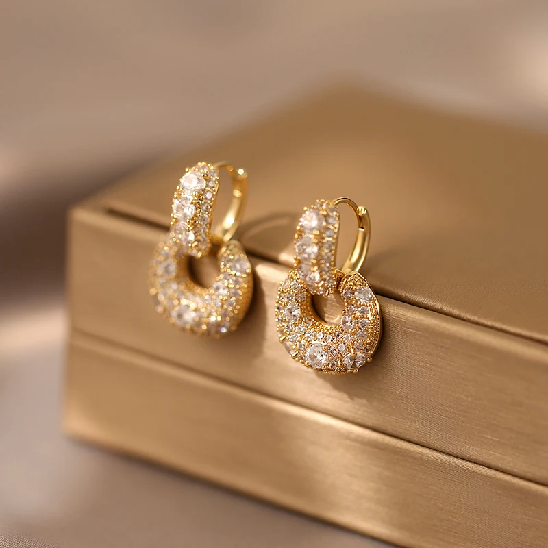 2023 14K Gold Plated Korean New Design Fashion Jewelry Full Zircon Square Pendant Earrings Luxury Women\'s Party Accessories