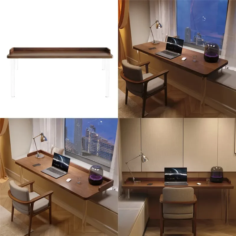 Acrylic Bay Window Desk Solid Wood Computer Table High Low Leg Study Workbench for Window Sill Home Office