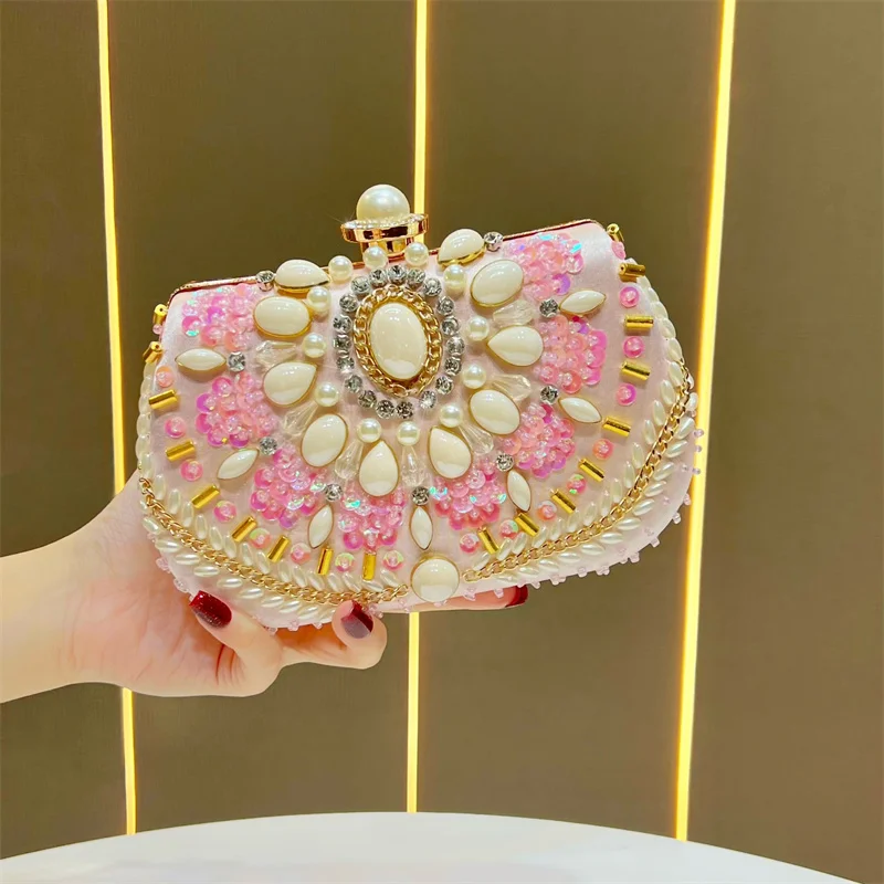 Bolsos de Noche Rosa Claro para Fiesta de Graduación, Bolsos de Mano Retro con Piedras, Bolsos Plateados con Cuentas Brillantes, Bolsos de Satén para Noche de Gala, Bolsas Femininas